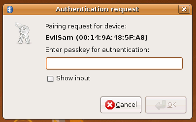 Bluetooth PIN entry prompt
